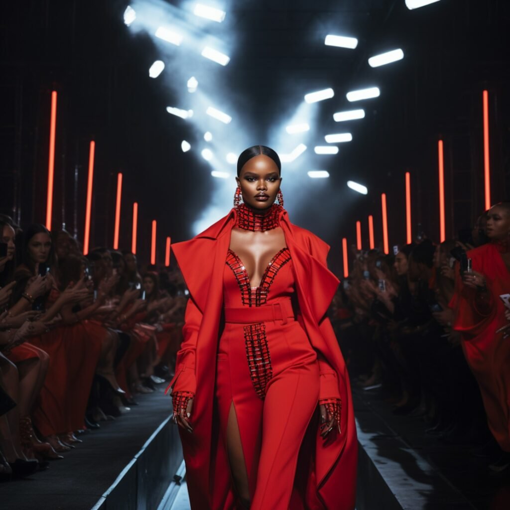 Mannequin élégant en tenue rouge audacieuse défilant sur un podium futuriste.