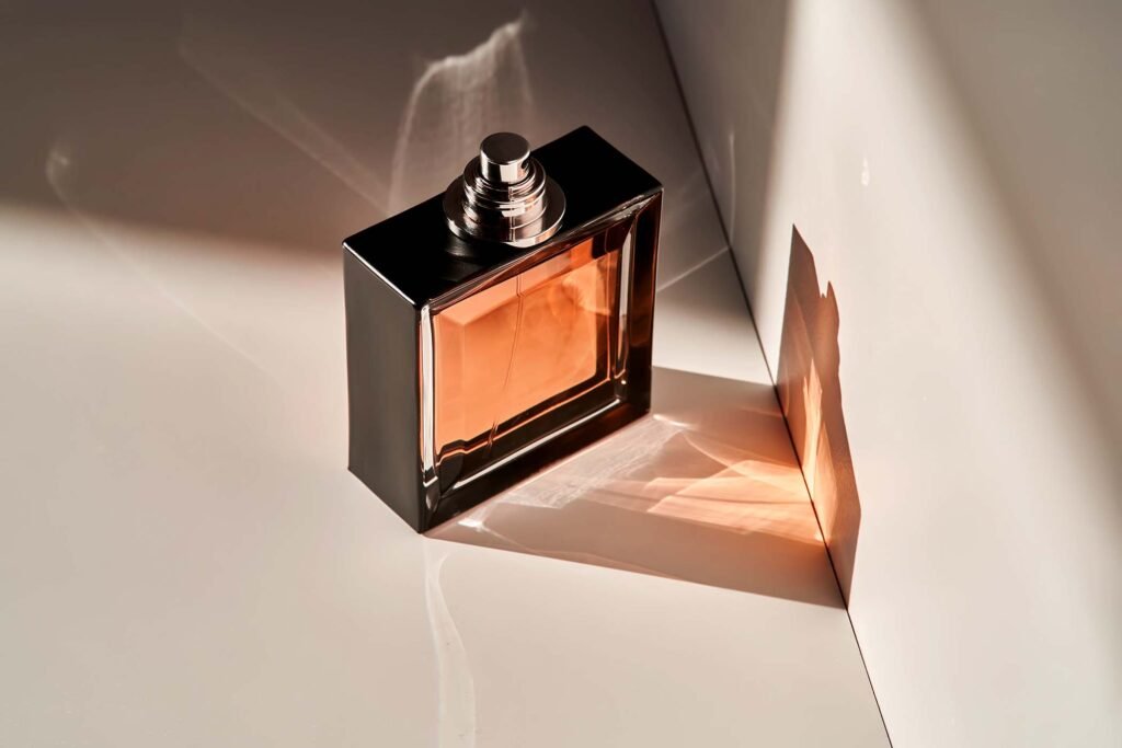 Flacon de parfum élégant avec un liquide ambré, captant la lumière et projetant une ombre raffinée.